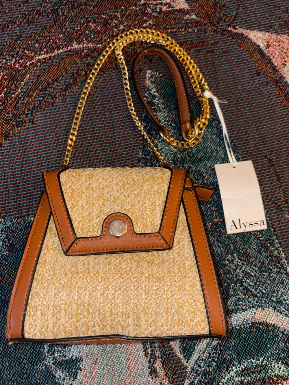Alyssa Tan Straw-Effect Crossbody Bag with Gold Chain Strap